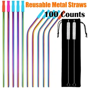 2025 NEW 100 Counts  Stainless Steel Straws Reusable Drinking Straws Colorful Curved Straight Straws with Cleaning Brush Storage Bag and 10 Silicone Tips Metal Straws Fit