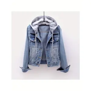 Women'S Casual Denim Jacket, Long-sleeved Hooded Denim Short Jacket, Hat Can Be Removed, Suitable For Spring And Autumn And Any Occasion