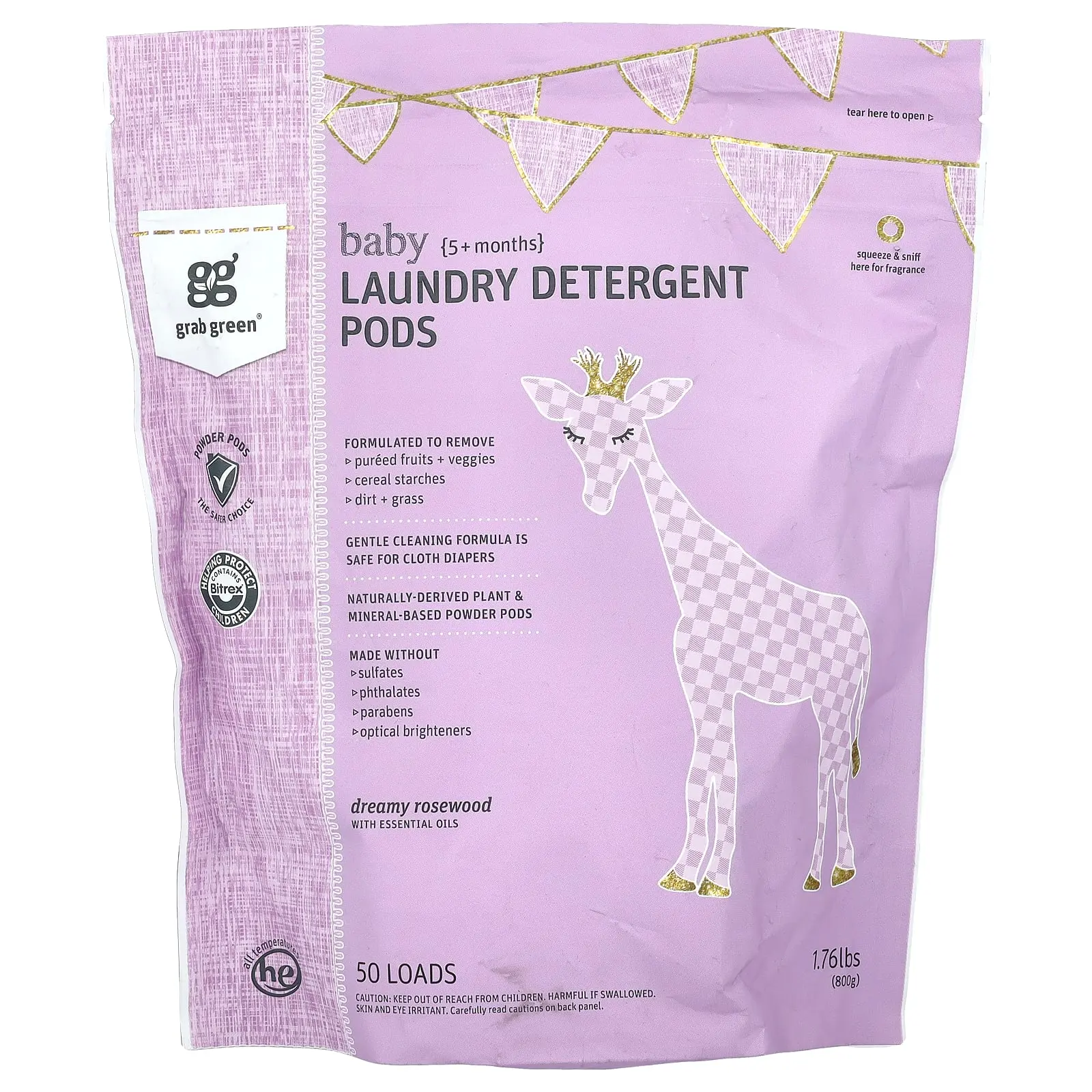 Grab Green Baby, Laundry Detergent Pods, Dreamy Rosewood with Essential Oils, 5+ Months, 50 Loads, 1.76 lbs (800 g)