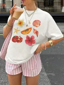 Women's Fruit & Star Print Round Neck Tee, Casual Short Sleeve Crew Neck T-shirt for Summer, Fashion Women's Top for Daily Wear, Coastal Aesthetic Tee, Womenswear