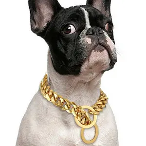 15mm Cuban Link Dog Collar 18K Gold Plated Heavy Duty Stainless Steel Chain - Strong Chew Proof Gold Dog Chain Necklace Collar for Small Medium Large Dogs, 16/20/24 Inch (Gold/Silver)