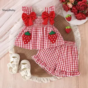2 Pcs Set Toddler Baby Girl Summer Outfit Strawberry Embroidered Plaid Bows Ruffled Trim Tank Tops And Shorts Strawberry Bow Bubble Romper Ruffle