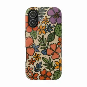 Colorful Floral Pattern Tough Phone Case | Retro Blooms, Leaves, Beige Background, iPhone 17 16 15 14 13 12 11 Pro Max Samsung Galaxy S25 24 23 22 21 Ultra Plus FE, Summer Gift for Her