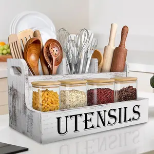 Kitchen Utensils Holder 4 Compartments,Wood Utensil Organizer for Kitchen Countertop,Farmhouse Cooking Utensil Holder with Spice Storage space (Black)