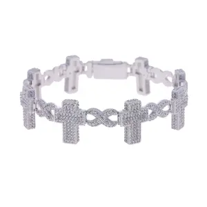 16mm Iced Out Cross Infinity Link Bracelet, Cubic Zirconia Hip Hop Cuban Style Chain, Bling Statement Streetwear Jewelry for Men