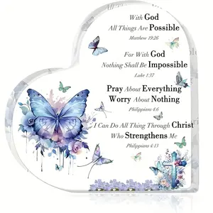 1pc Holy Religion Christian Acrylic Women's Gift Inspiring Gift With Bible Verses And Prayer Christian Women's Desktop Decoration Mom Friends Sisters Purple Butterfly Flowers