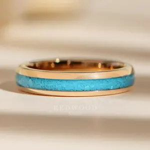 Rose Gold Tungsten Ring with Blue Turquoise Inlay - 4MM