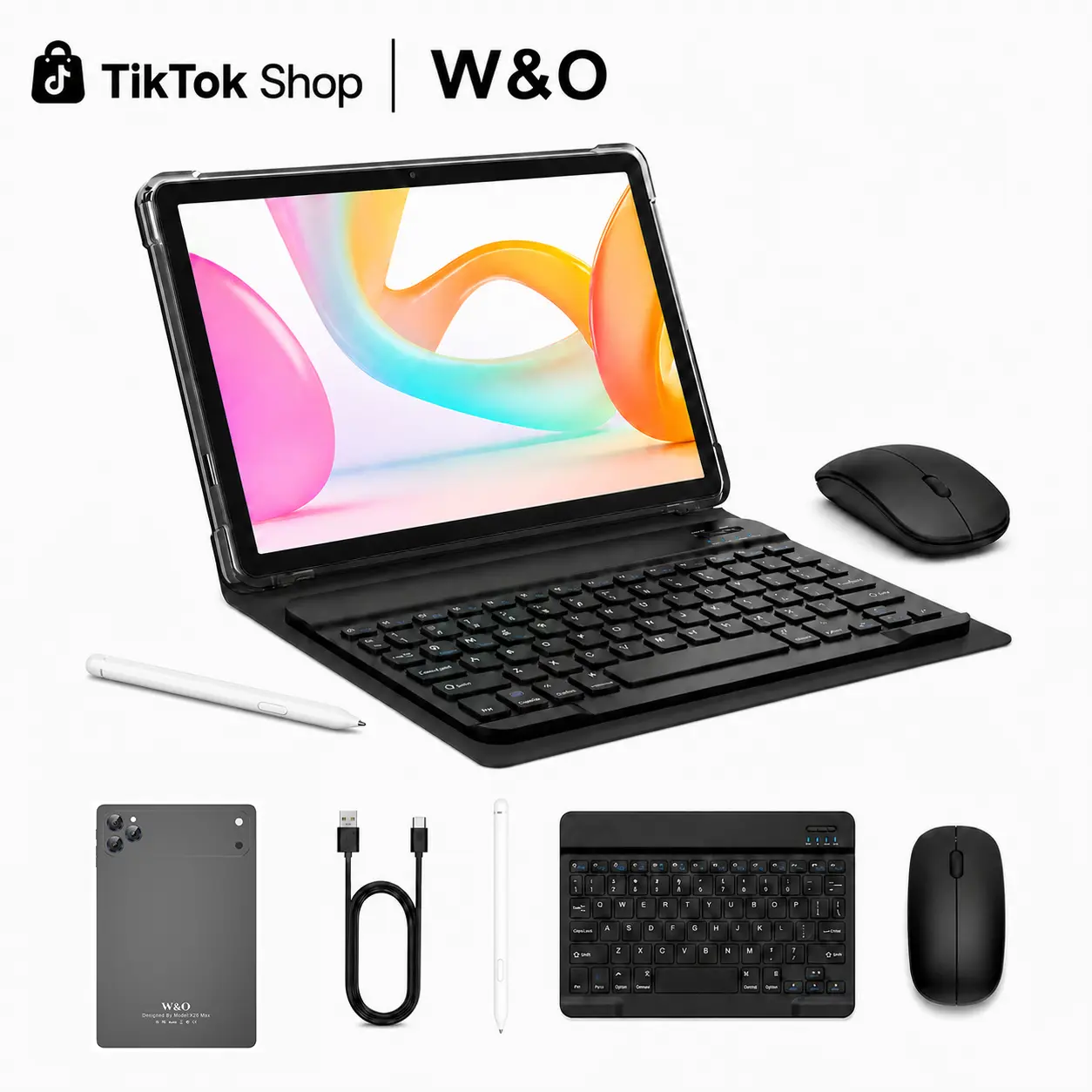 W&O Upgrade 11" Android 15 Tablet, Large HD Screen, 12GB RAM+256GB Expandable Storage, 10000mAh Long-Lasting Battery, 5G WiFi, Dual Camera, Tablet Bundle with Keyboard, Mouse, Stylus&Case, Portable Device for Work, Back to School, Valentine’s Day Gift
