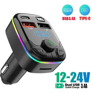 Bluetooth 5.0 Car FM Transmitter PD Type-C Dual USB Ambient Player Handsfree MP3 Charger Type-C Wireless Light PD QC3.0 Adapter