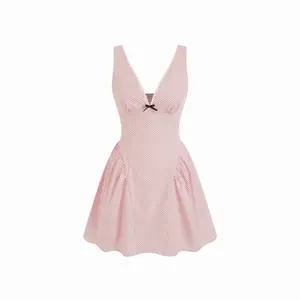 Cider 100% Cotton V-neck Polka Dot Bowknot Smock Mini Dress