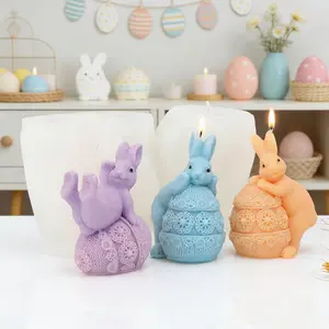 3D Easter Bunny Lace Egg Silicone Molds, Reusable Cute Rabbit Knitted Texture DIY Craft Molds for Candle Making, Soap Making, Resin Casting & Spring Home Decor Aromatherapy Candle Ornaments