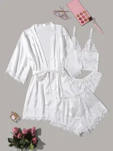 Women's Honeymoon Sets Silk Satin Bridal  Pajamas Set 4pcs Floral Lace Cami Sleepwear with Robe