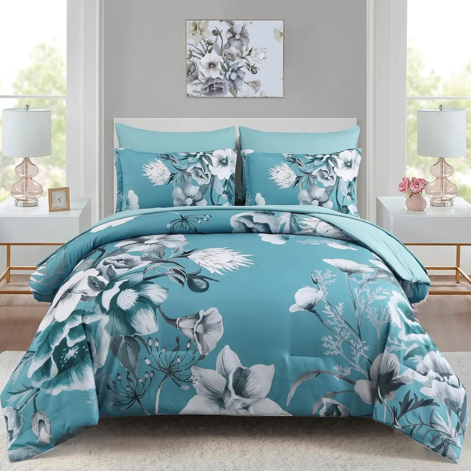 Queen Size Floral Comforter Set - 7 Pieces, Teal Blue Large Flowers, Cloud Filling, Contemporary Look, All Seasons Bedding (90"x90"), Seven Pieces
