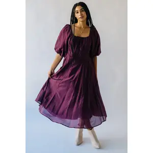 The Gustafson Bubble Sleeve Midi Dress in Plum