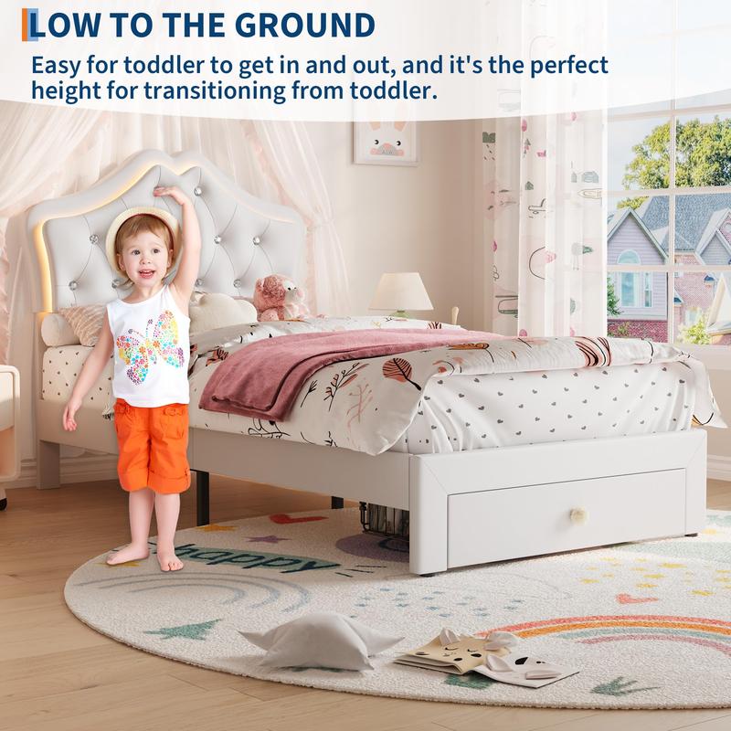 Twin Size Upholstered Princess Bed Frame with LED Lights & Storage Drawer, Pink Faux Leather Platform Bed  , Crystal Tufted Headboard, No Box Spring Needed, Heavy Duty Support