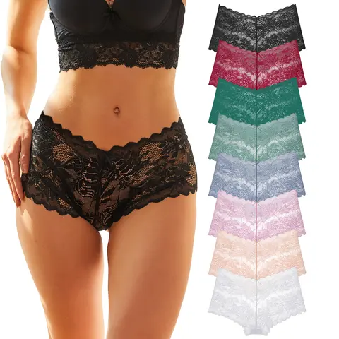 FINETOO Women’s 8-Pack Sexy V-Waist Lace Cheeky Panties – Soft, Elegant, Comfortable Boyshort Underwear,S-XL