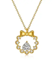 S925 Silver Plated 18k Gold Heart Moissanite Pendant Necklace, Princess Flower Ring Charm, 5mm/0.5ct Main Stone, Wedding Jewelry