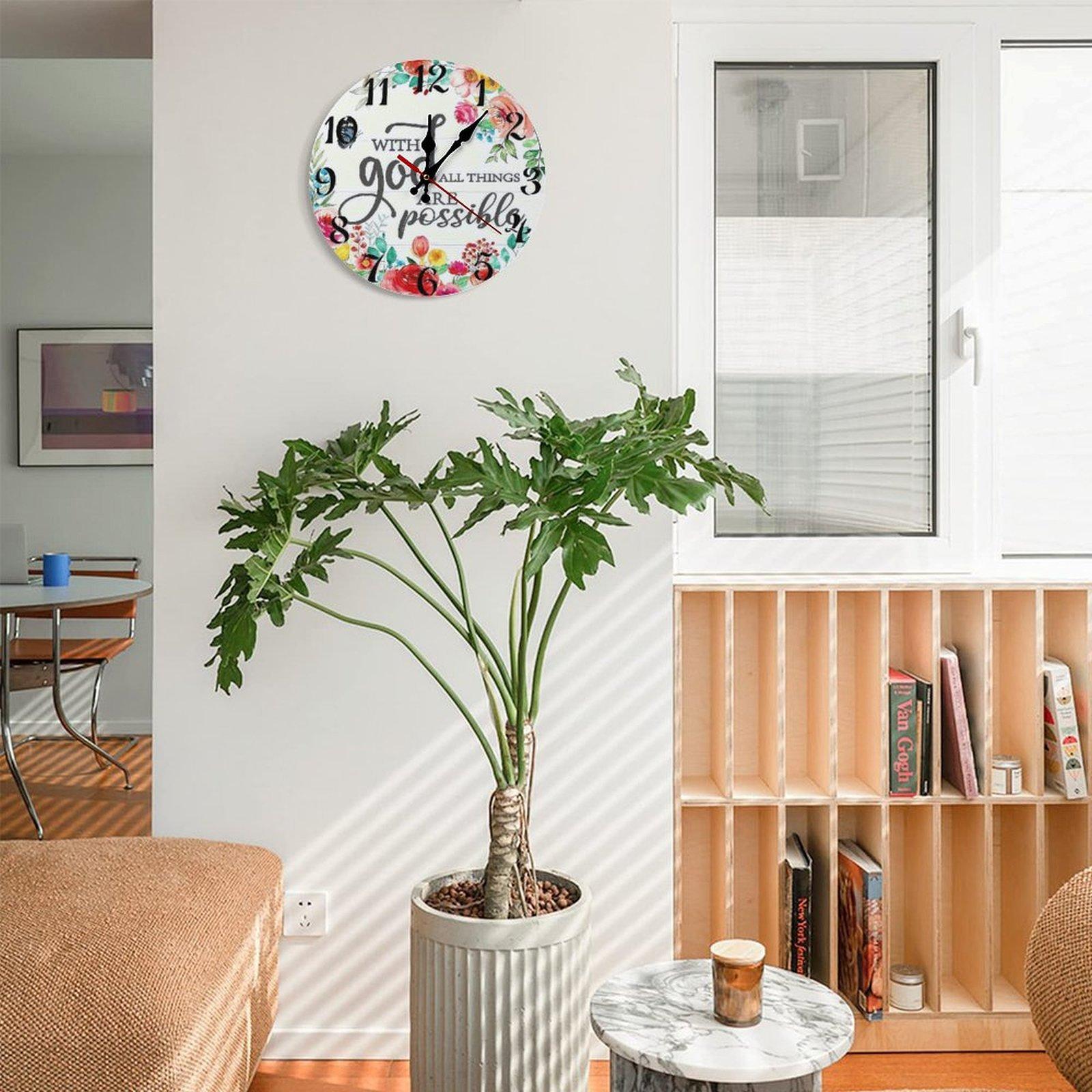 12 Inch "With God All Things Are Possible" Floral Wooden Wall Clock | Silent Non-Ticking Christian Religious Decor, No Battery Included, Perfect for Home, Church, Prayer Room