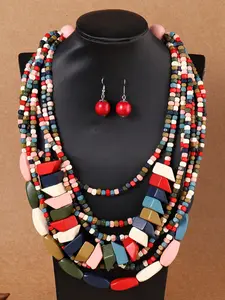 Colorful Wood Bead Handmade Earrings Necklace Set, Cute and Fun, Perfect for Parties Beach Music Festivals, Unique and Versatile Jewelry