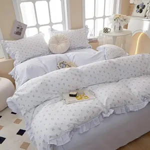 Blue Twin XL Aesthetic Floral Ruffle Duvet Cover 100% Cotton, 3 Pcs Romantic Bedding Set for Teen Girls with Zipper Closure 68"x90"