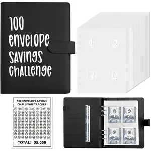 Money Saver Budget Binder Book with Pouches, 100 Envelope Challenge Binder with Numbers, A5 Money Budget Envelopes for  Saving $5,050 Black