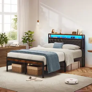 Queen LED Bed Frame with Charging Station & Storage Perfect Gift for Gamers & Small Space Adjustable Headboard Noise Free RGB LED Lights & Sturdy Metal Structure