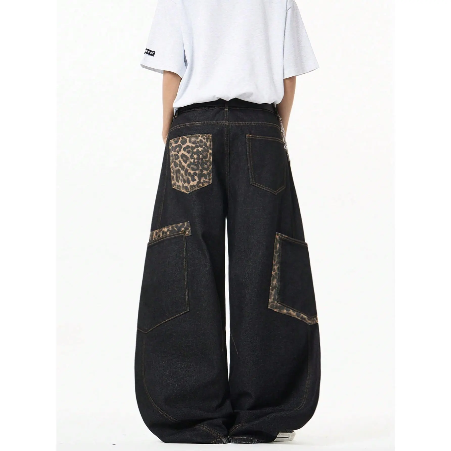 1pc American Vintage Multi-Pocket Patchwork Leopard Print Washed Wide-Leg Relaxed Fit Jeans, Casual Long Pants For Men, Grunge