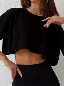 Spring Summer Casual Pure Color Milk Silk Soft Breathable Short Sleeve Top, Slimming Versatile Shirt, Round Neck Ultra-Short Waist Design, Comfortable Fit