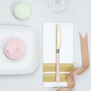 24 Pack Gold 7.5" Heavy Duty Plastic Knives with Blush Handle, Disposable Silverware