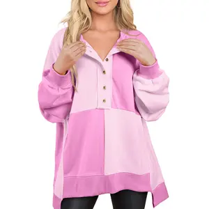 Shewin 2026 Cozy Oversized Color-Block Henley Pullover Women’s Long Sleeve Sweatshirt Soft Tie-dye Fabric Comfy Layering for Casual Daily Looks - Womenswear