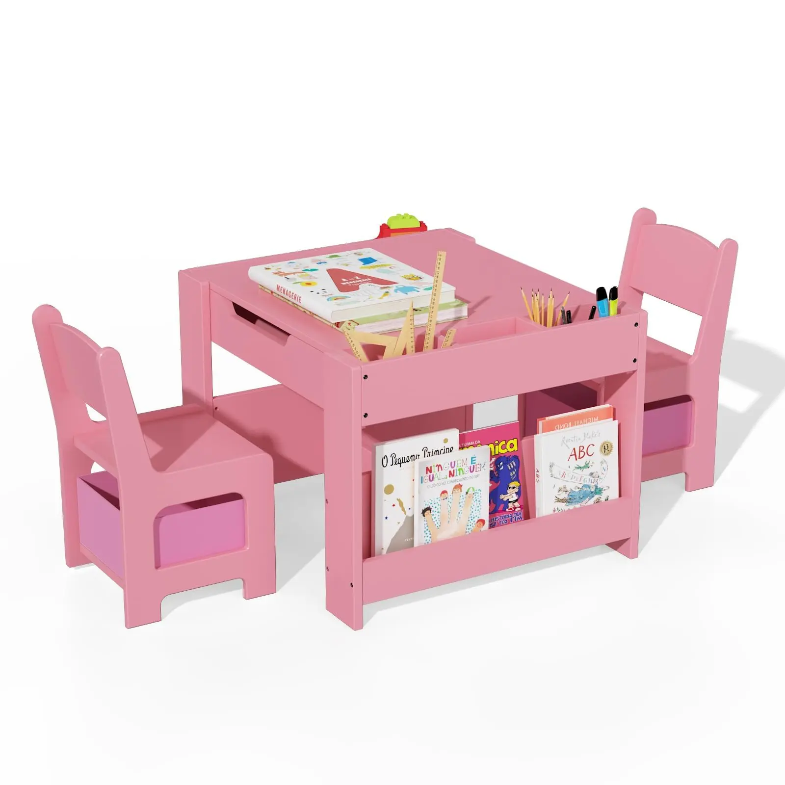 Garvee 4-in-1 multifunctional wooden table and chair set featuring a double-sided chalkboard and whiteboard tabletop, ample storage shelves, drawers, and two chairs for creative activities and learning