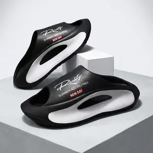 Men's new summer trend hollow sports outdoor sandals - lightweight EVA material, personalized letter printing, fashionable color blocking design, non-slip wear-resistant, suitable for beach, pool, home and daily wear Black Casual Footwear Flipflop Slipper