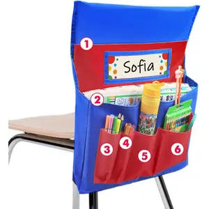 School Seat Chair with Storage Pocket Organizer, Label Slot, Multiple Pockets for School, , Classroom, ,  (Red+Blue)
