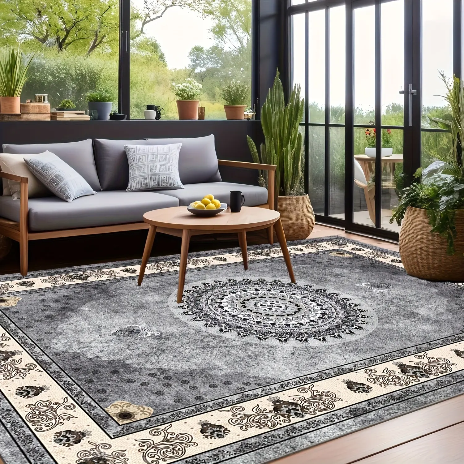 5x7ft Luxurious Velvet Oblong Mat-Style Patterned Area Rug - Bohemian Vintage Persian Floral Pattern with Paisley Border, Slip-Resistant Machine-Washable 100% Polyester, Suitable for Living Room High-Traffic Areas, Mat-Style Area Rugs, Oblong Area Rugs