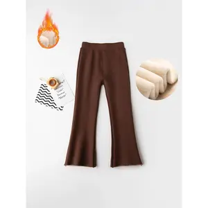 Girls' Fleece-Lined Thickened Flared Pants - Korean-Style Slim-Fit Winter Warmth with Elastic Waist & Flared Leg, Soft Fleece Lining, Loose Fit Casual Pants for Fall/Winter, Solid (Candy-Colored Options Available) - Everyday & Special Occasion Outfi