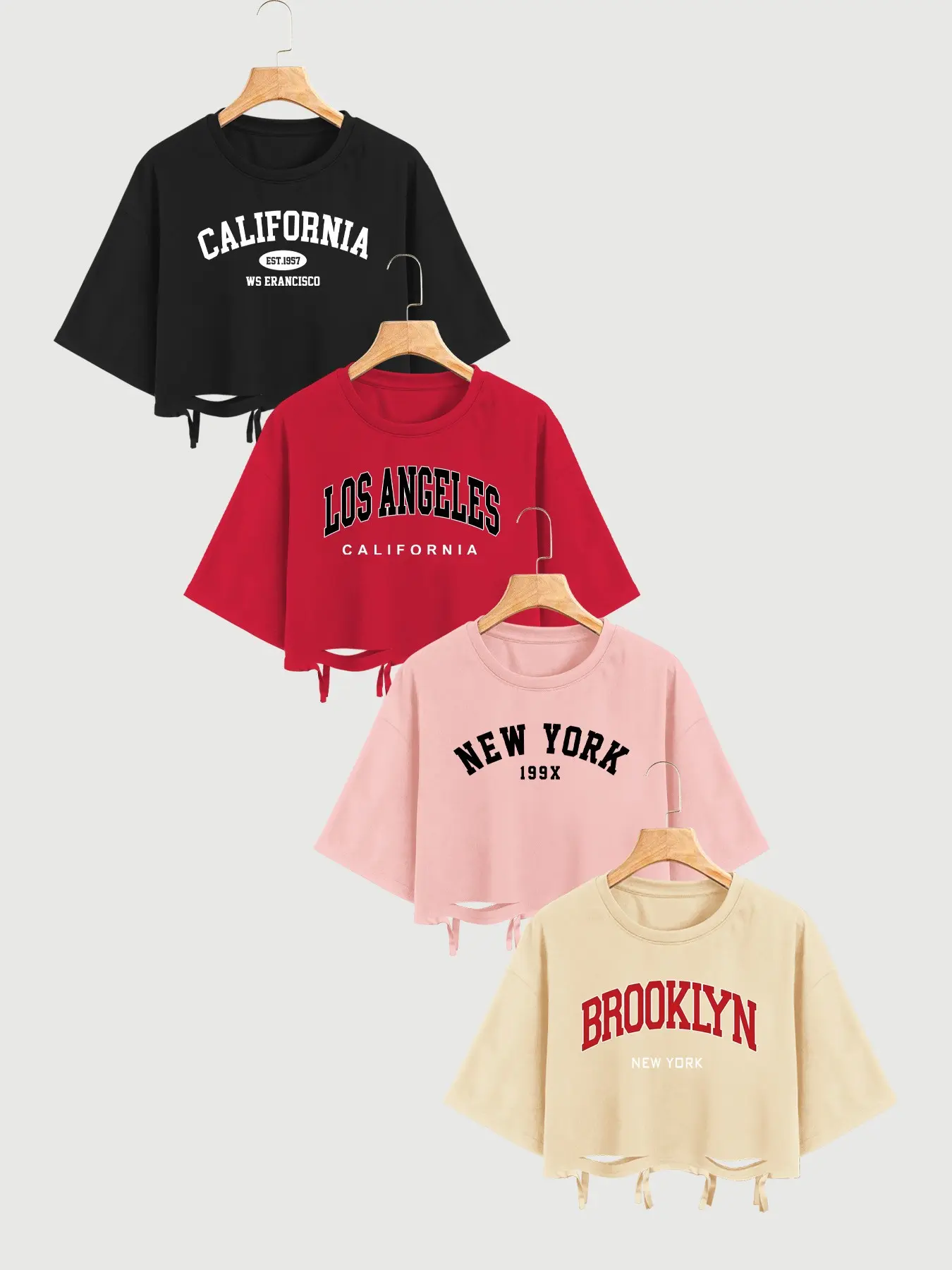Women's 4 Pack 1 Pack Crop Tops California New York Brooklyn Los Angeles Letter Print Short Sleeve Crewneck Distressed Hem Y2K Vintage Streetwear Casual Loose Cropped T-Shirts Multi Color Pack for Daily Summer Oversized Vintage Graphic