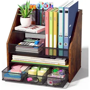 Wooden Desk Organizer - Mesh File Organizer with Drawers and Pen Holder - 4-Tier Vertical Paper Letter Storage Tray, Desktop Organizers and Accessories for Home Office