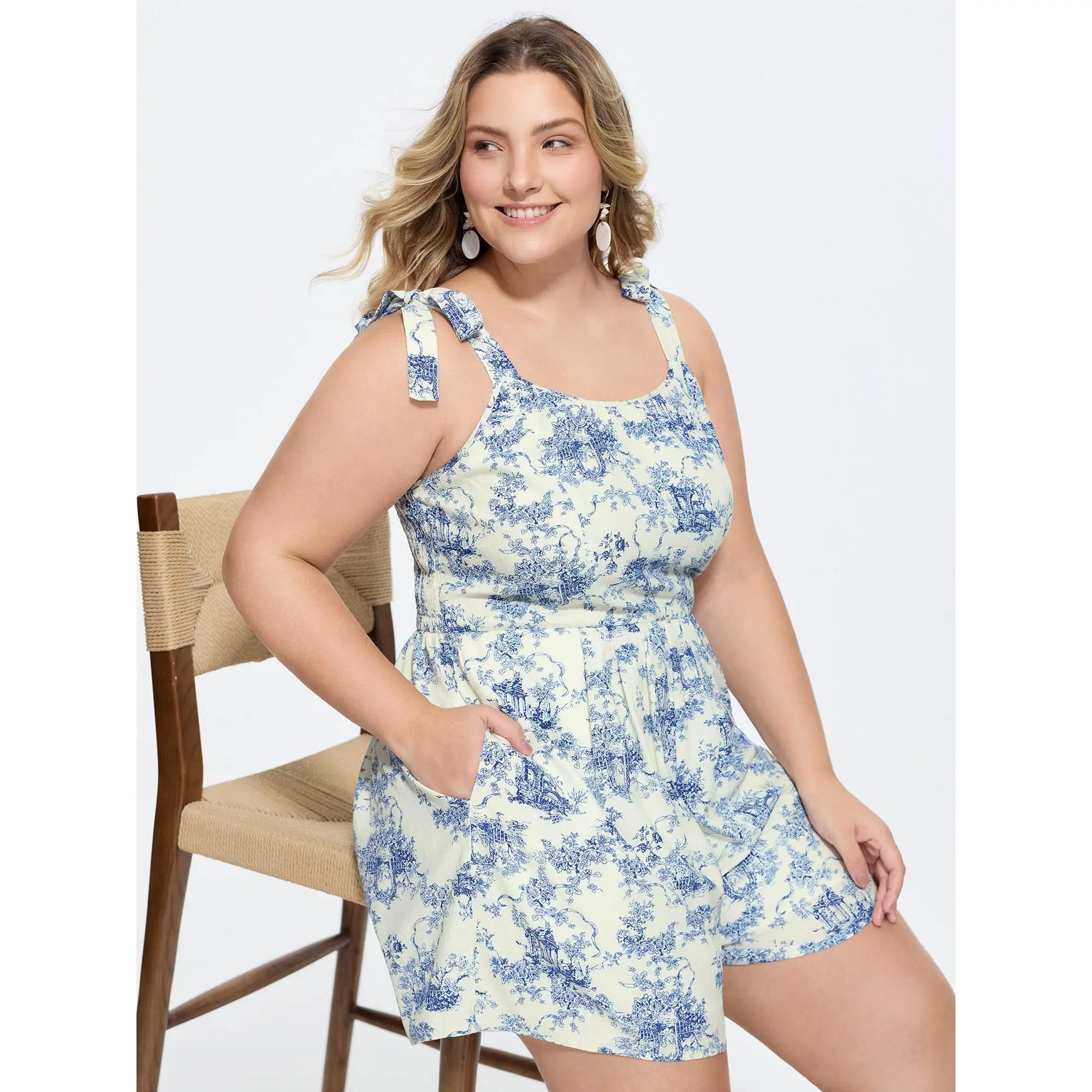 Women's Floral Jumpsuit, Sleeveless Resort Style with Smocked Bodice and Bowknot Ties, Flattering Cropped Polyester Fit with Pockets, Flowers, Looks Simple But Still Flattering On Curves, Spandex, Overalls, Smooth, Everyday