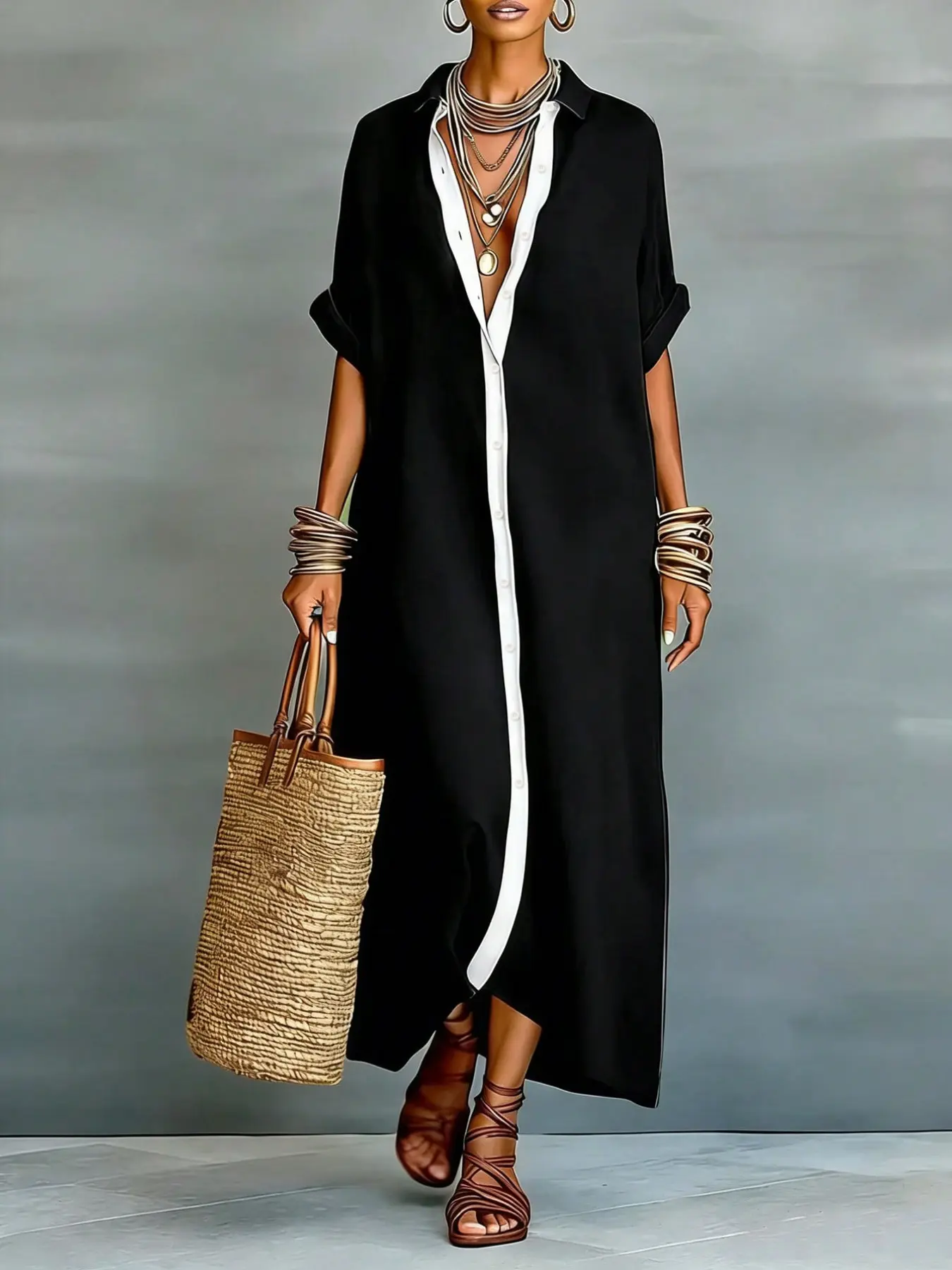 Base Border Long Shirt Dress, Minimalist Loose Fit Collared Open Front, Casual Daily Wear, Perfect for Vacation & Office