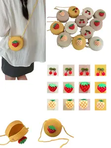 Cute New Spring Summer Fashion Woven Small Round Bag, Fruit Pattern Large Capacity Shoulder Bag for Women, Daily Commuting and Outdoors