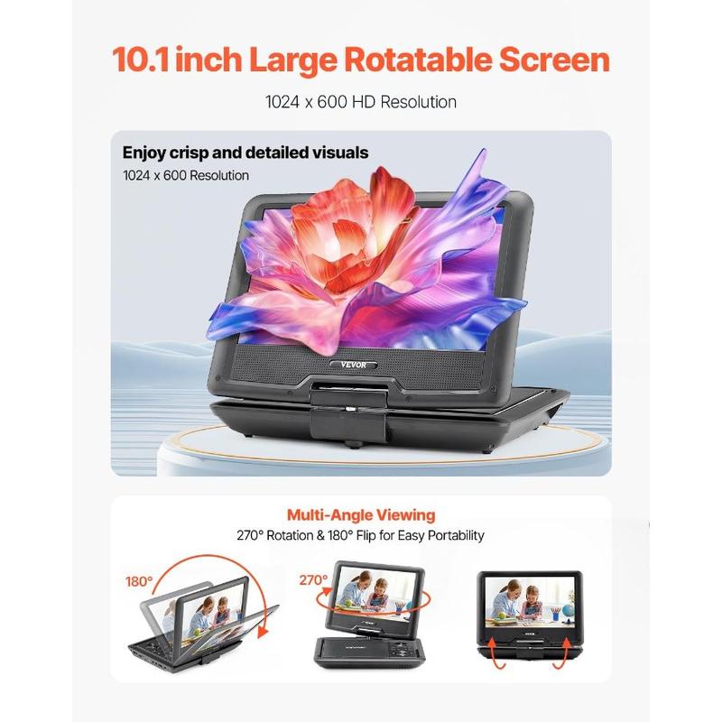 VEVOR Portable DVD Player, 10.1 inch HD Swivel Display Screen, 4 Hours Built - in Rechargeable Battery, Dual Speakers, Support Sync TV/USB/SD Card/CD/DVD, Car Charger, AC Power Adapter, Remote Control