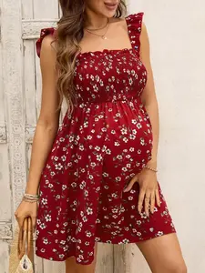Maternity Floral Print Cap Sleeve Dress Summer Vacation Boho Smocked Waist Midi Pregnancy Fashion Glow