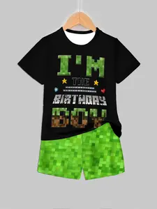 Kids 2 Piece Short Set, Party "I'M THE BIRTHDAY BOY" Minecraft Pixel Style Graphic T-Shirt and Shorts Outfit for Boys