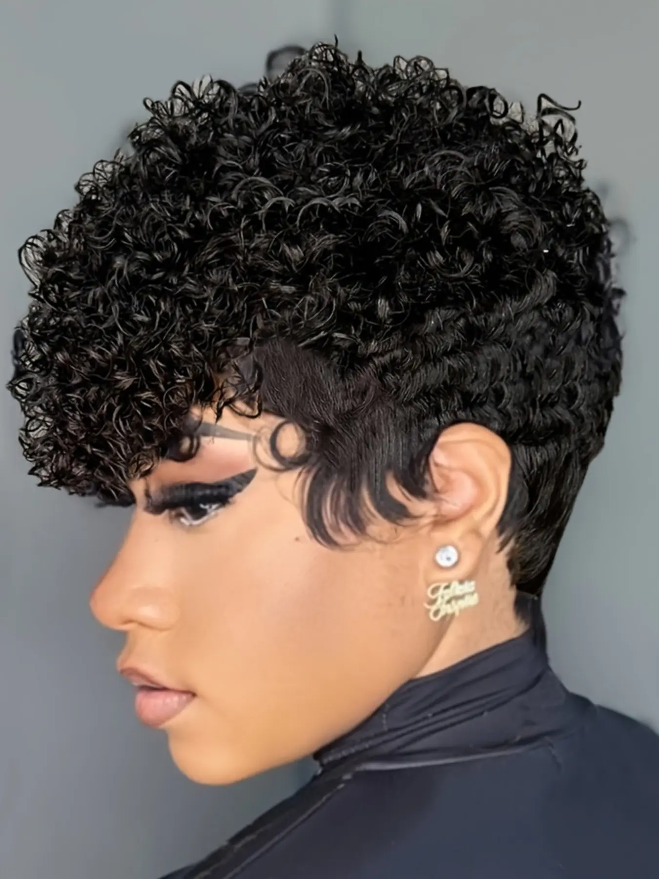 Human Hair Wig Short Curly Pixie Cut with Bangs, Kinky Curly 