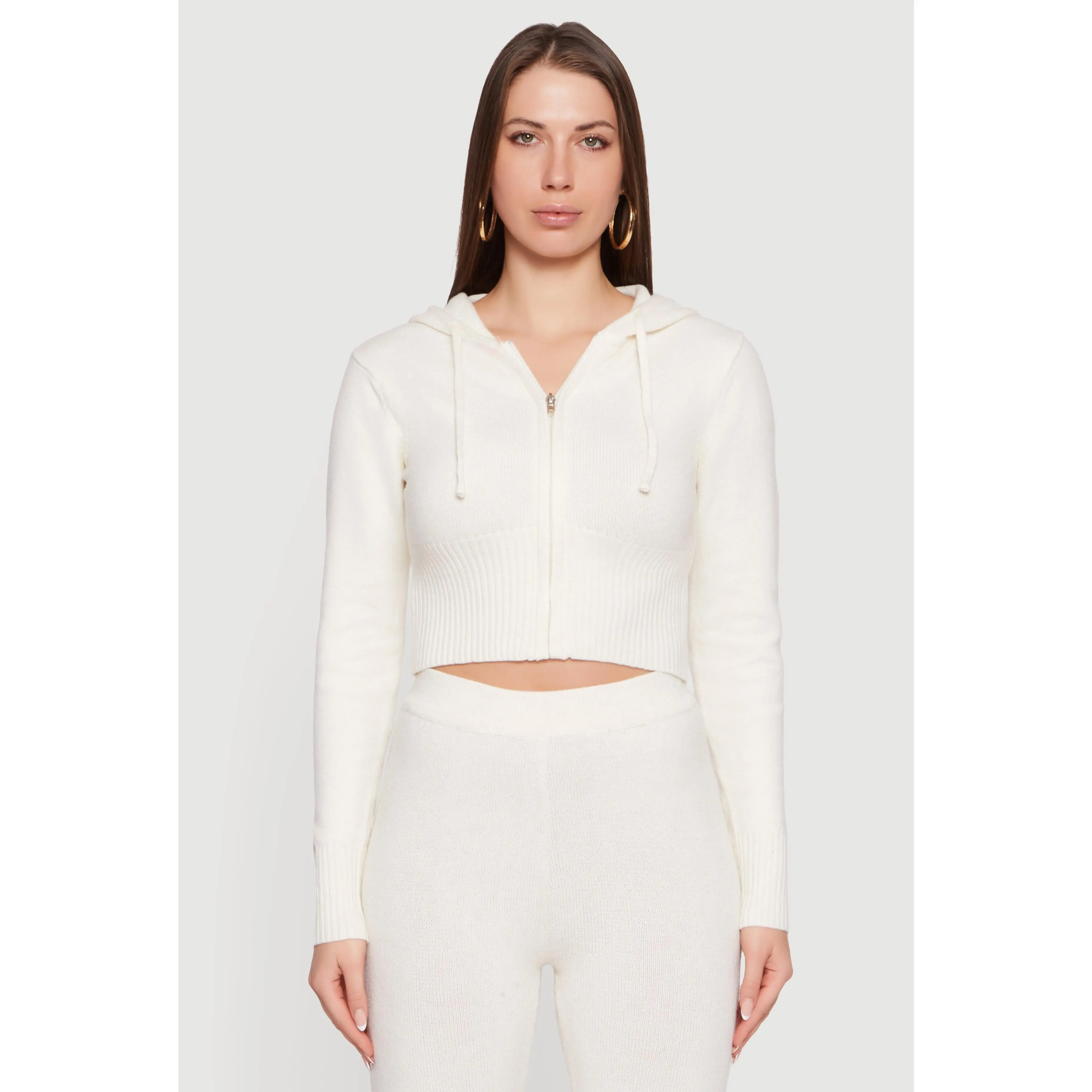 Cropped Hooded Zip Front Sweater