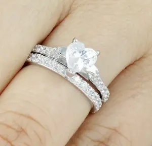 2PC 925 Sterling Silver Heart Cz Wedding Band Engagement Rings Set Size 3-15 S1348