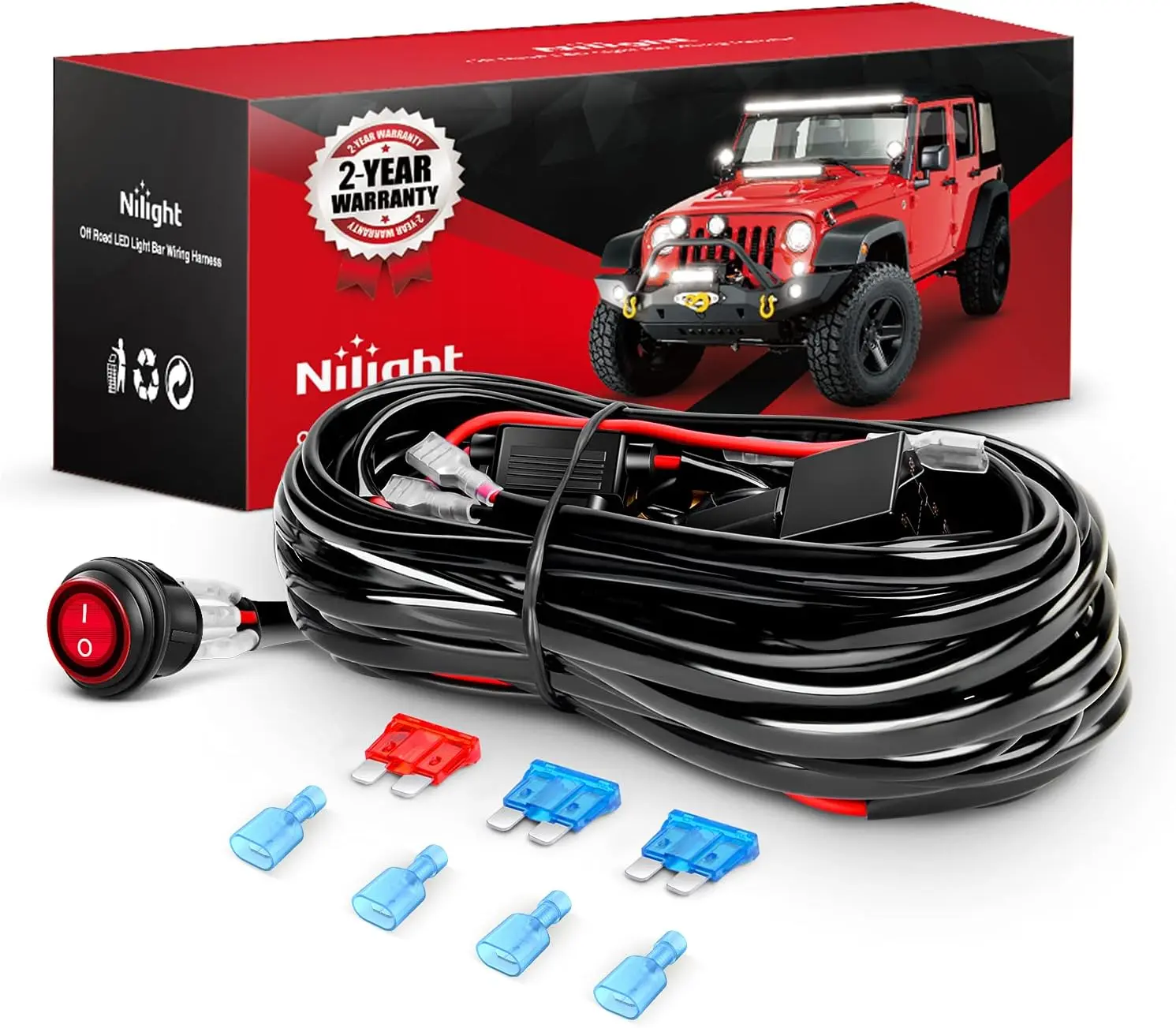 Nilight NI-WA 06 LED Light Bar Wiring Harness Kit - 2 Leads, 12V On-Off Switch, Power Relay, Blade Fuse - Circuit Protection for Lighting System, Aftermarket Semi Truck Accessories, Led Car Lights