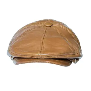 Lukkizara Tan Genuine Leather Newsboy Ivy League Classic Flat Cap - Adjustable Sizes S-M M-L XL-2XL Foldable Earflap Soft Lambskin for Casual & Formal Occasions