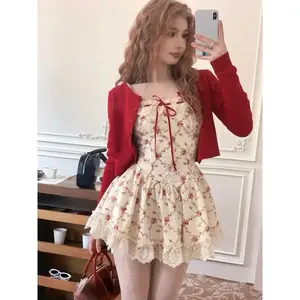 2025 New Women’s Sweet Floral Dress Set – Casual Red Short Cardigan, Elegant Lace Y2K Mini Dress, Korean Beach Fashion Outfit, Comfortable Long-Sleeve Summer Cute Gamis with Spaghetti Straps