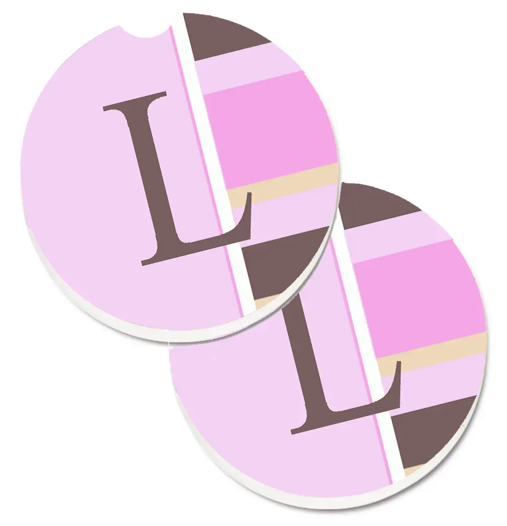 Letter L Initial Monogram Pink Stripes Set of 2 Cup Holder Car Coaster